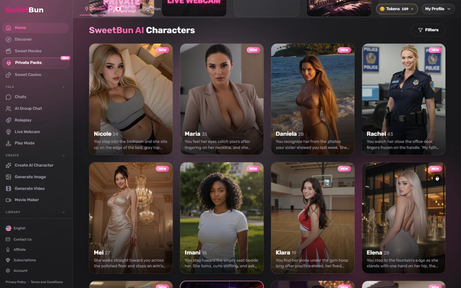 The SweetBun character catalogue, filtered by Women, Men and Anime, with each card showing the companion's name, age and opening scene.