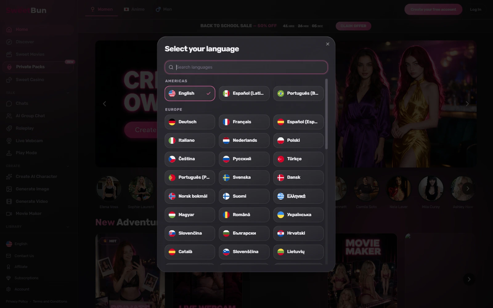 The SweetBun language picker, searchable and grouped by region, with Deutsch, Français, Italiano, Nederlands, Polski, Čeština, Русский, Türkçe, Svenska, Suomi, Ελληνικά and Українська among the 70 on offer.