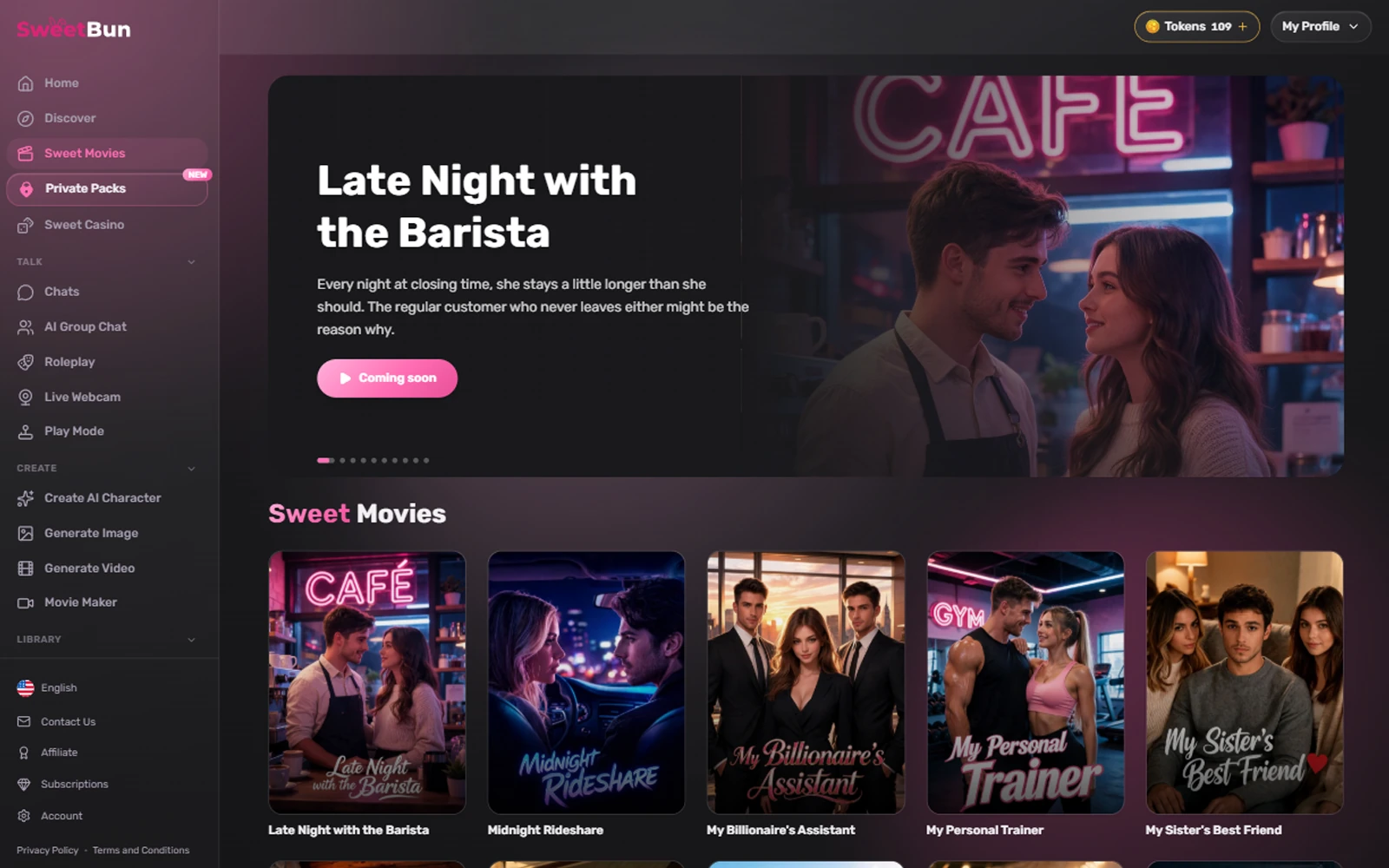The SweetBun Sweet Movies library, a shelf of ready-to-watch cinematic stories starring the companions.