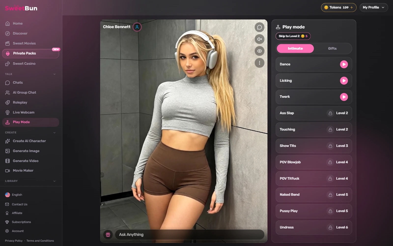 A SweetBun Play Mode session, with the companion on video beside an action list where later actions stay locked until the relationship reaches the level shown.