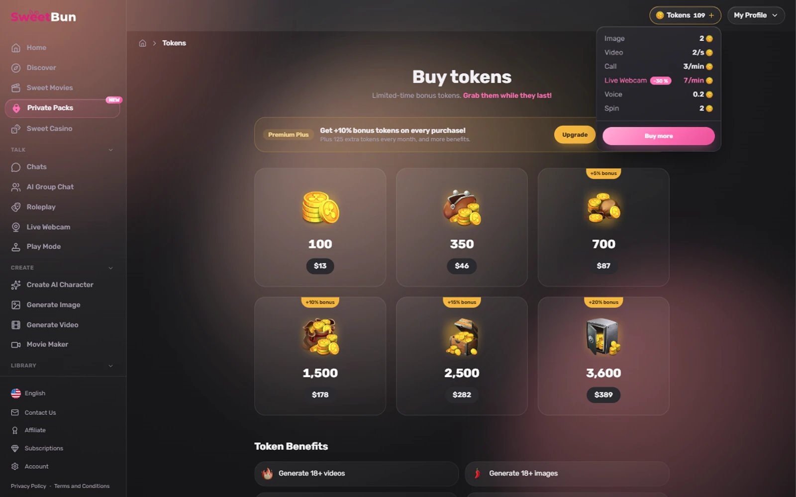 The SweetBun token page, showing the full rate card — 2 tokens an image, 2 a second of video, 3 a minute of voice, 7 a minute of live webcam — above the token packs and their dollar prices.